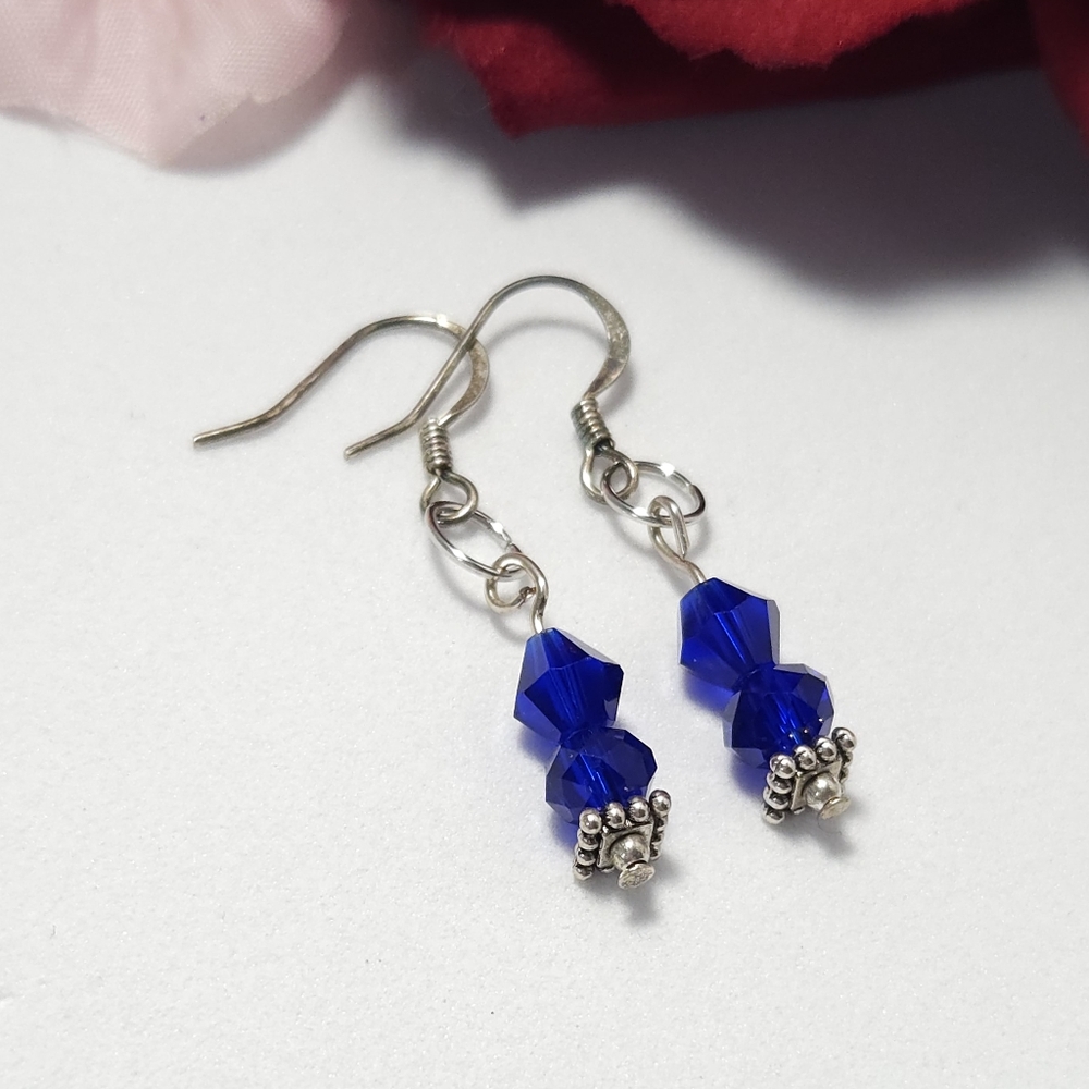 Handmade Cobalt Blue Crystal Silver Dangle Earrings Handmade By Me - Picture 2 of 6